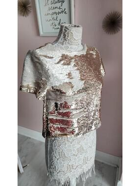 Ark & Co Flip Sequin Top Gold Silver Short Sleeve Blouse Women's Small LKNW